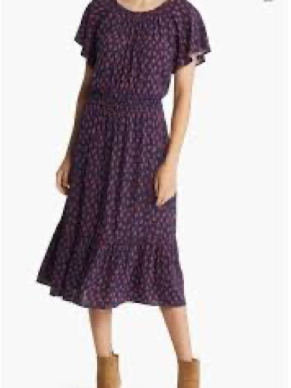 Caslon Navy Midi Dress with Red Floral Print flutter sleeve gathered waist